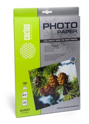 Фотобумага Cactus A3+, Глянцевая односторонняя, 150гр/м2, 20л. (Standart) CS-GA315020